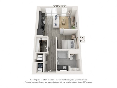 Floor plan for studio, 1 bath, 630 sqft